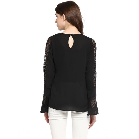 Generic Women's Polyester Georgette Self Design Bell Sleeve Regular Top (Black)