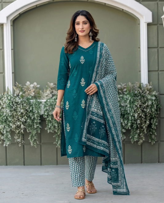 Generic Women's Cotton Blend Printed Kurti With Pant Dupatta Set (Morpichh)