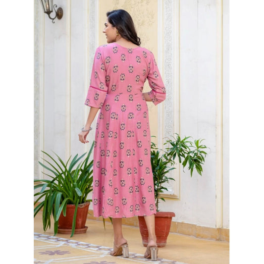 Generic Women's Rayon  Print With Embroidery Work A-Line Kurti (Wine)